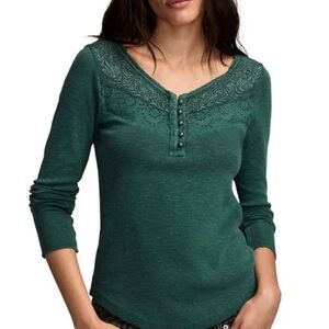 Lucky Brand Teal Forest Green Lace Detail Henley Top